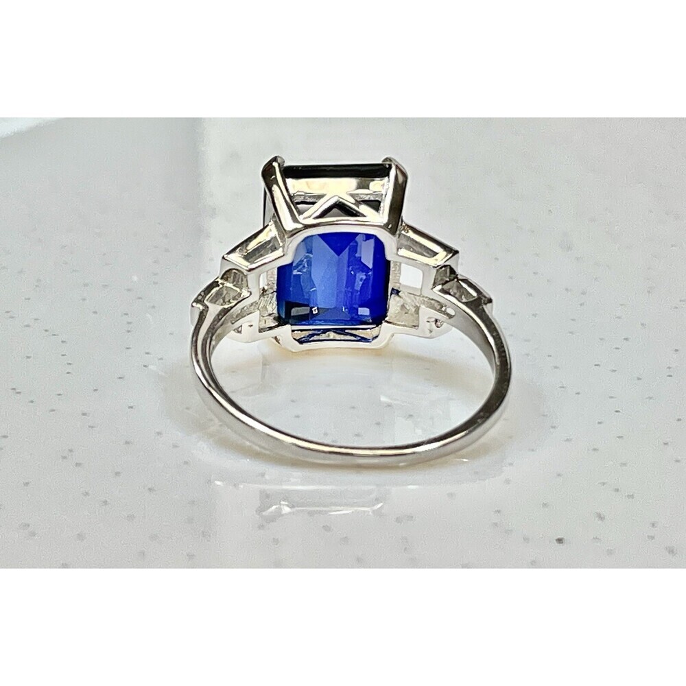 Genuine Emerald Cut Lab-Created Sapphire Set in Ring 925 Sterling Silver - Picture 12 of 13